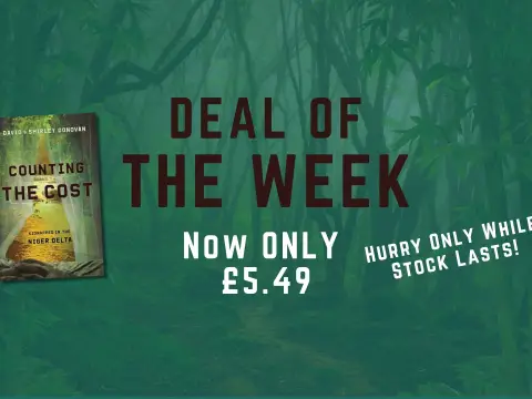 a green web banner with a forest background promoting the book deal of the week featuring an image of Counting the Cost by David and Shirley Donovan, with the text 